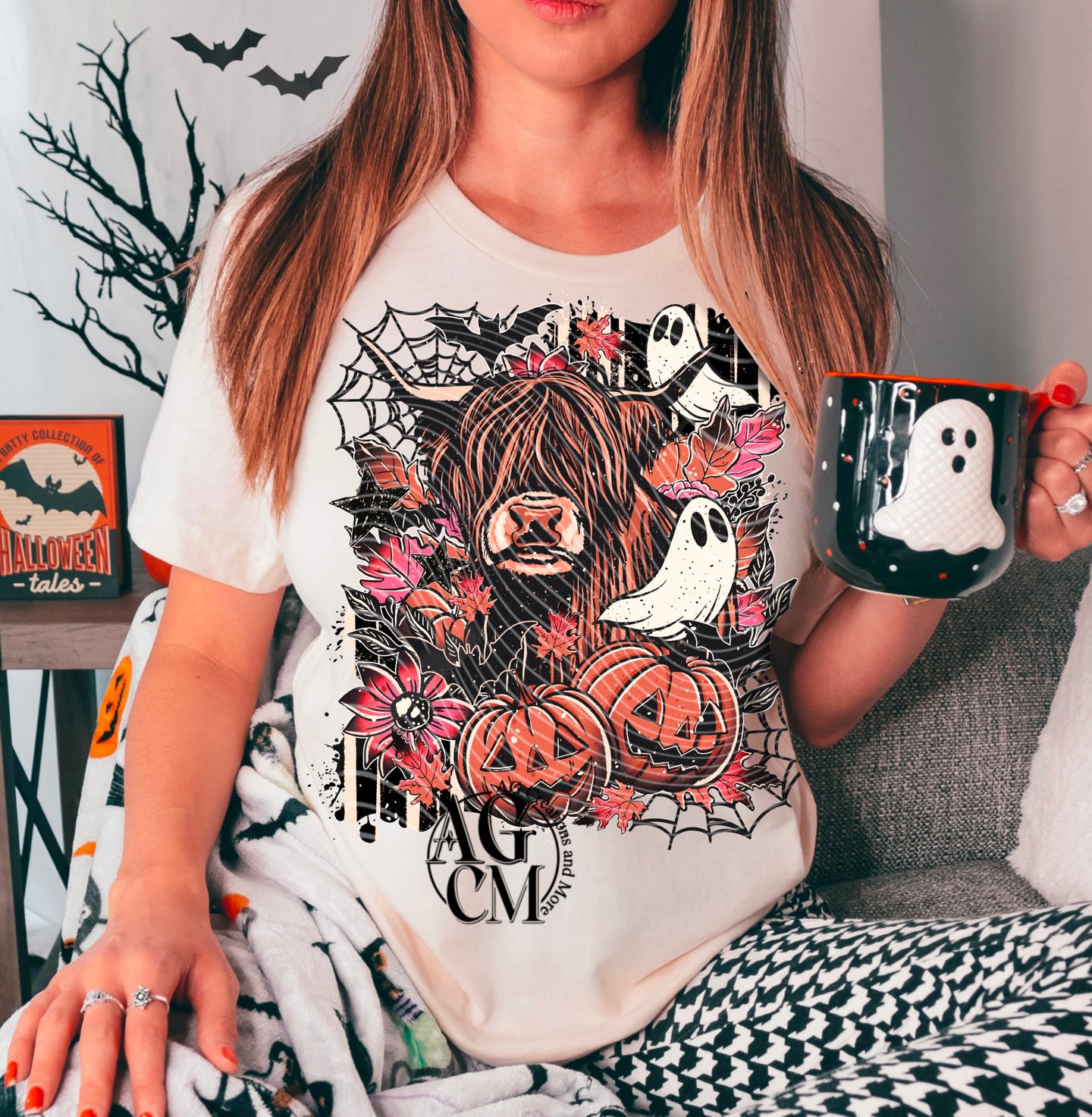 Halloween highland cow with ghosts | DTF Transfer | POD